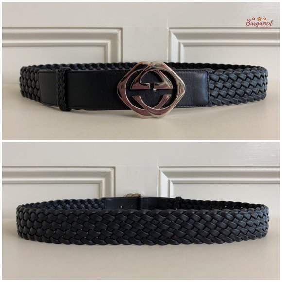 Authentic Gucci Black Intrecciato Woven Leather Interlocking Square G Belt 95/38 - Picture 5 of 13